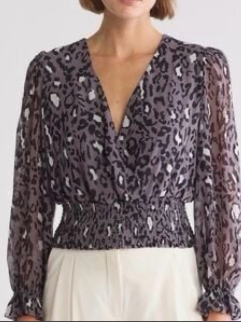 Elie Tahari Gray Leopard Print Wrap Smocked Waist Blouse NWT
